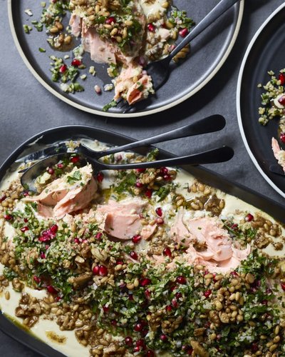 Shane Delia’s Baked Salmon with Tarator and Pomegranate Tabouli